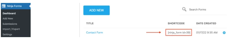 Ninja Forms shortcodes