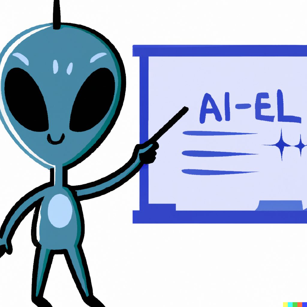 DALL·E ai-A cute, blue alien teaching a class about artificial intelligence