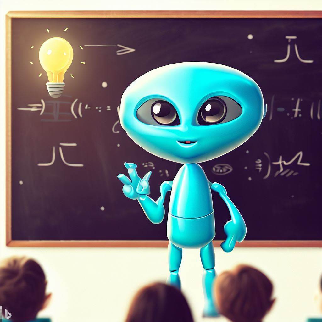 Bing AI - A cute, blue alien teaching a class about artificial intelligence