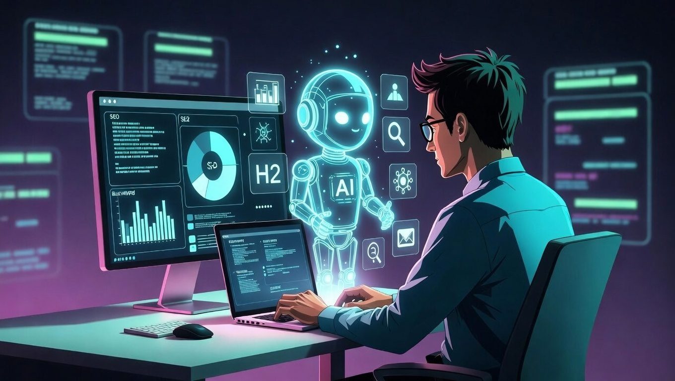Futuristic illustration of an online marketer at a laptop with an AI hologram analyzing SEO charts, keyword data, and blog headings like H2 and H3